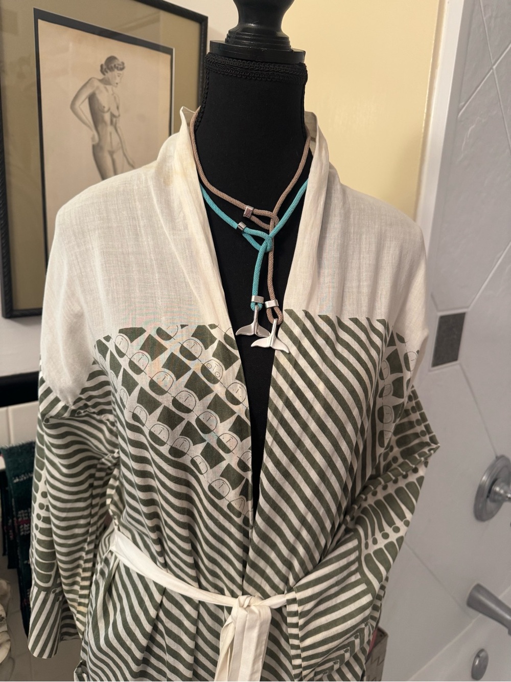 Evan Picone Olive and White Striped Tie-Belt Swim Coverup - Picture 4 of 10
